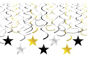 Adeer Gold Silver Black Star Hanging Swirl Decorations Stars Streamers Foil Swirls for Ceiling Decorations Graduation Party Supplies Black and Gold Party Decorations, Pack of 30