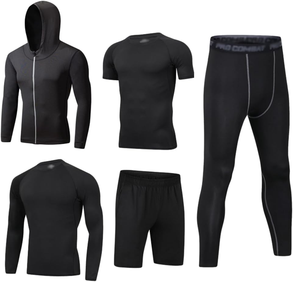 DooxiMens 5pcs Sports Gym Fitness Clothing Set Hoodies Jackets+Long Sleeve+Short Sleeve Base Layers T Shirts+Loose Fitting Shorts+Compression Pants for Workout Training Running Tracksuits