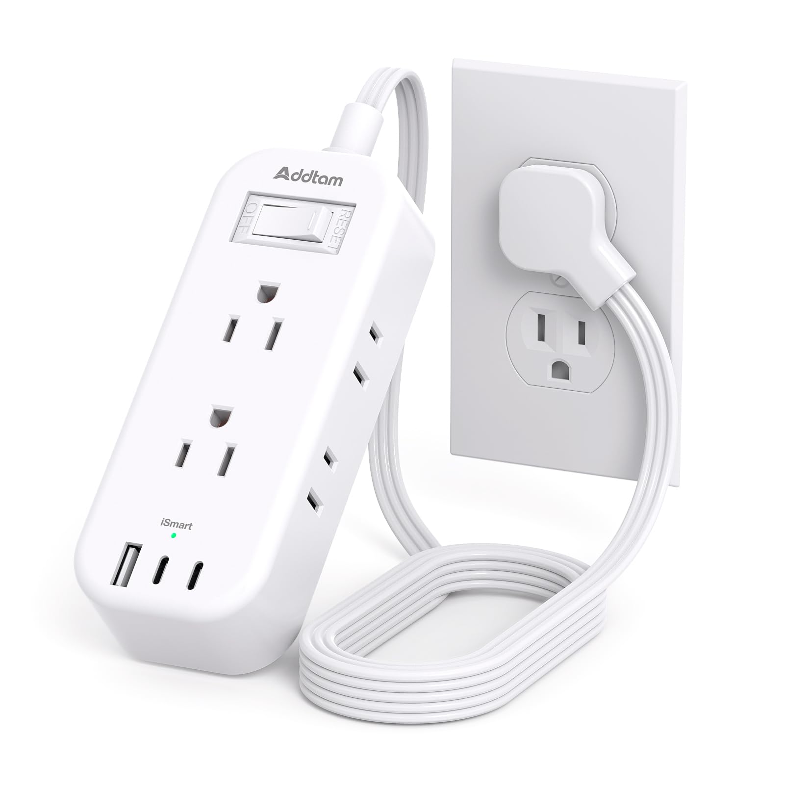Travel Power Strip with USB - Flat Plug Extension Cord, 6 Outlets 3 USB (2 USB-C) Ports, Outlet Extender with 5ft Extension Cord, Non Surge Protector for College Dorm Room, Cruise Ship, Home Office