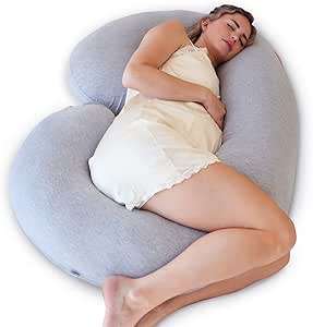 PharMeDoc Pregnancy Pillow, C-Shape Full Body Pillow and Maternity Support ( Grey Jersey Cover)- Support for Back, Hips, Legs, Belly for Pregnant Women