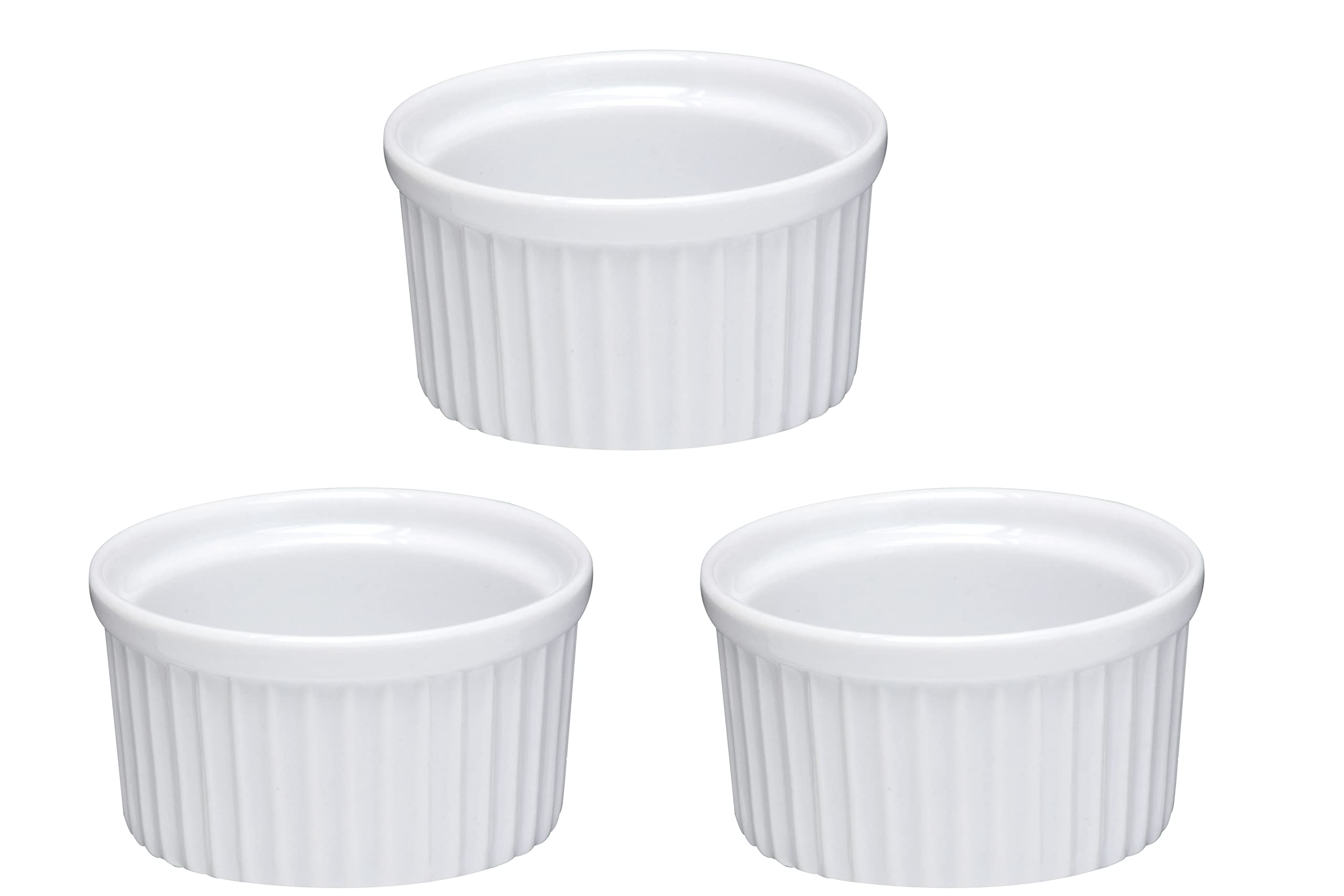 apollo THE HOUSEWARES BRAND Ramekin Set of 3, Baking Cups, Ideal for Creme Brulee, Souffle, Oven Safe, Classic Style, Size: 9x5cm, Porcelain, White