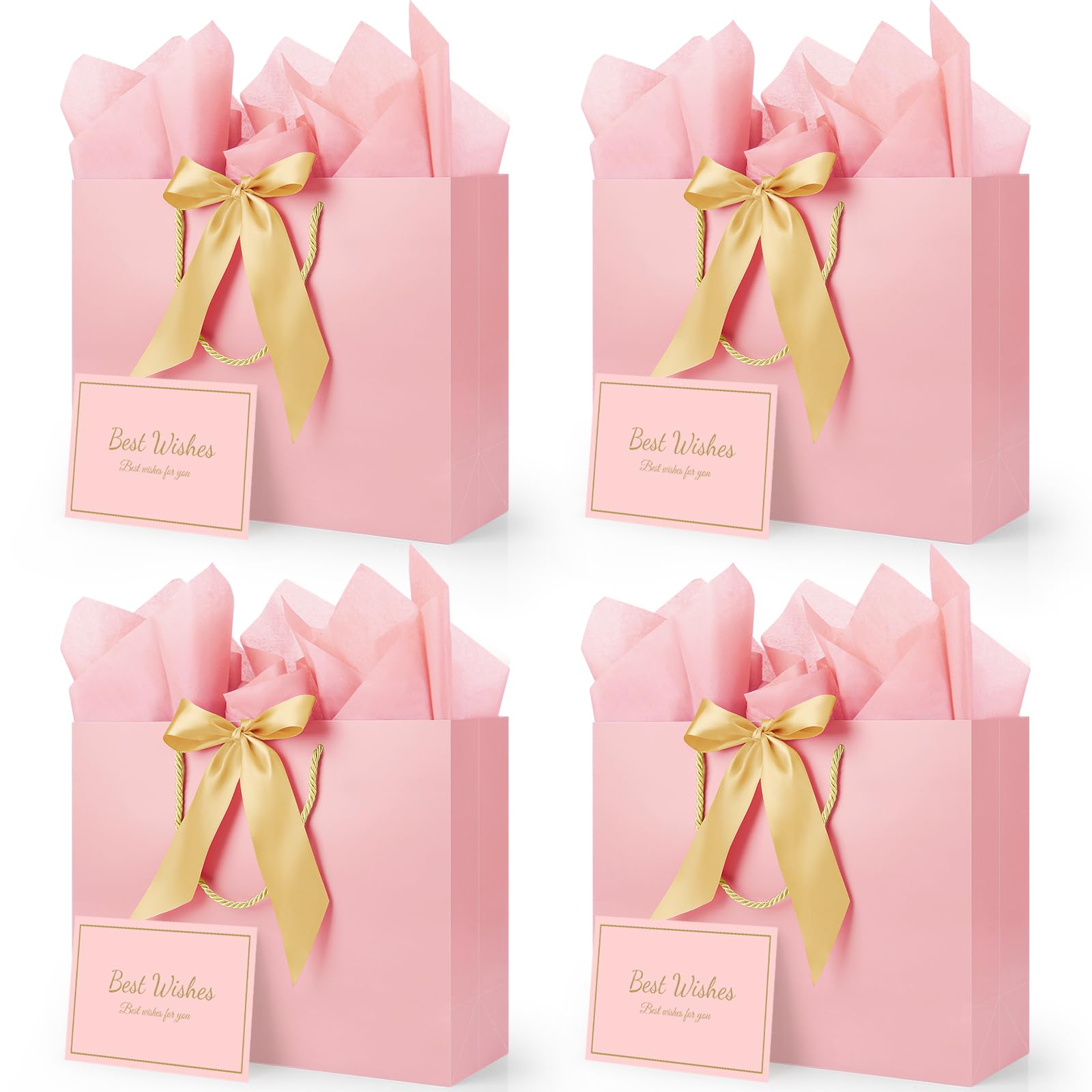 Photo 1 of TUXIYA Gift Bag, 4PCS 12.6"x 9.8"x4.3" Pink Gift Bags with 4 Ribbon and 4 Greeting Cards 8 Tissue Paper,Birthday Bag Large Gift Bags for Woman Wedding Party Mothers Day
