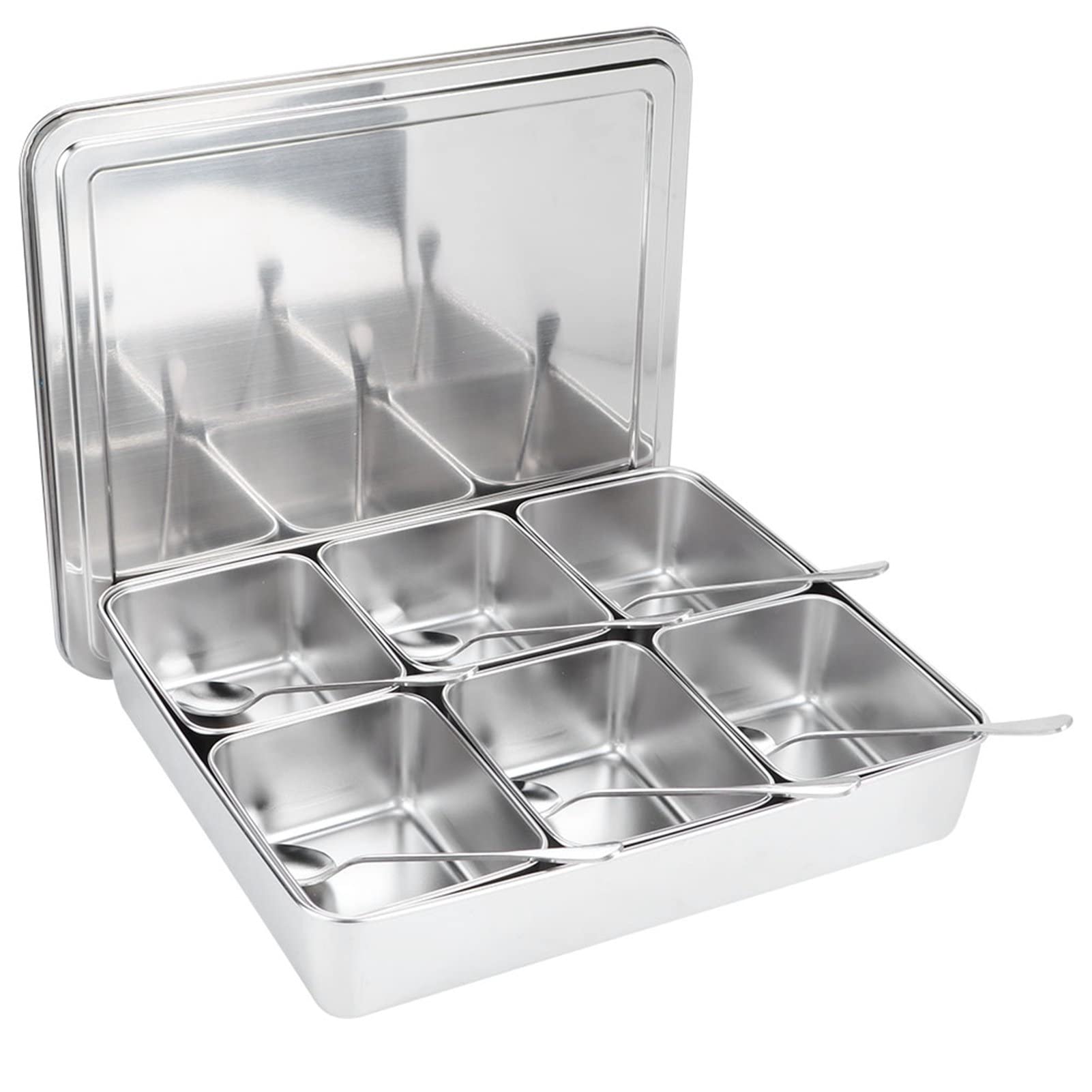 KIMISS 6-Grid Stainless Steel Seasoning Container Set with Spoons - Ideal for Kitchen Storage and Organization