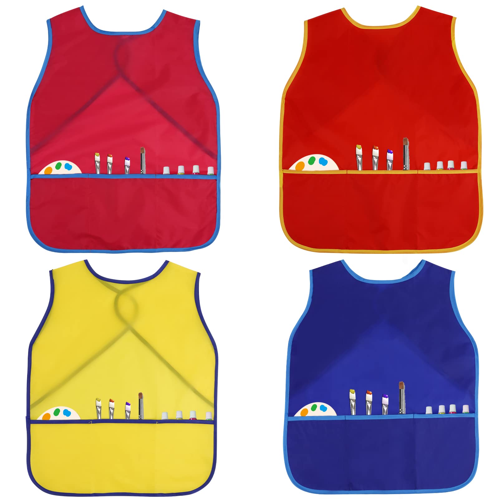 4Pcs Kids Art Smock Kids Apron Waterproof Painting Aprons with 3 Pockets Art Smocks for Kids 3-8 Years, 4 Colors