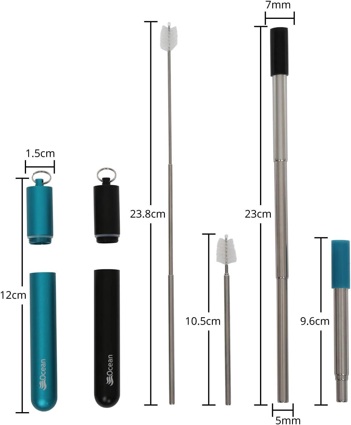 Portable, Stainless Steel telescopic collapsible drinking straws with stylish aluminum case, silicone tip for comfort and extendable cleaning tool. For travel or home. (Black)