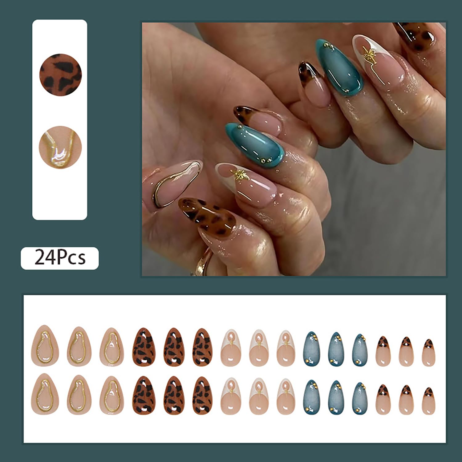 24 Pcs Almond Press on Nails Medium Length Fake Nails with Glue French Tip False Nails with Leopard Pattern Design Artificial Acrylic Nails Press ons Reusable Almond Nails Glue on Nails for Women - Image 2