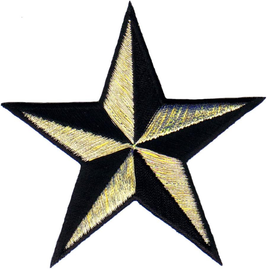 3 Inch Nautical Tattoo 3D Star Embroidered Iron On Applique Patch FD - Gold Metallic & Black S3J