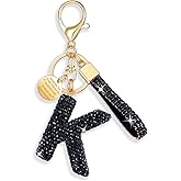 XGALBLA White Pink Black Initial Letter Keychain for Women Rhinestone Bling Cute Backpack Car Key Accessories Lanyard