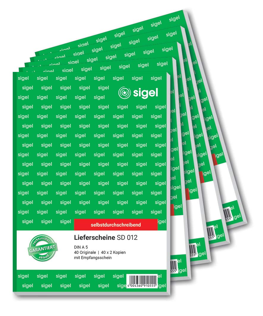 SIGEL SD012/5 Delivery Notes A5, 3 x 40 Sheets, Self-Copying, Pack of 5, Micro-Perforated, with Filing Punch, Made from Sustainable Paper