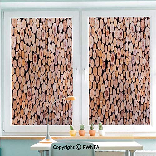 RWNFA Decorative Window Films Kitchen Glass Sticker Mass of Wood Log Forest Tree Industry Group of Cut Lumber Circle Stack Image Waterproof Anti-UV for Home and Office 22.8" x 35.4",Cream