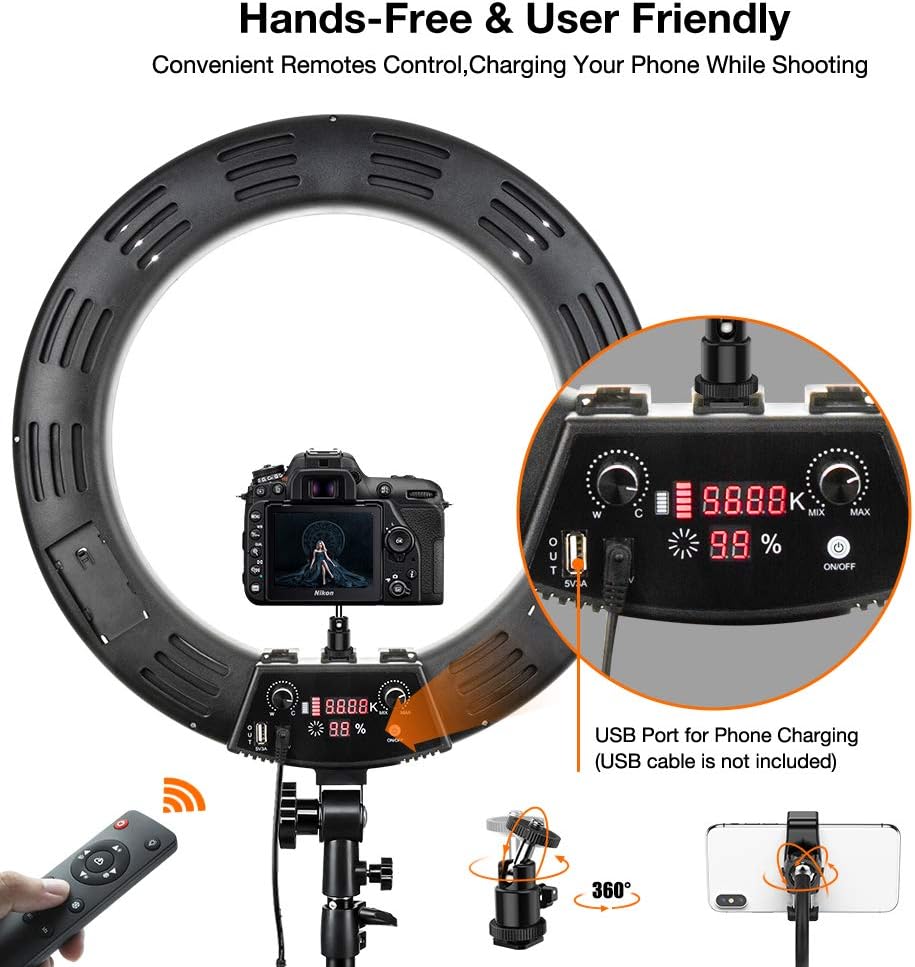 Inkeltech Ring Light - 18 inch 3000K-6000K Dimmable Bi-Color Light Ring, 60W LED Ring Light with Stand, Lighting Kit for Vlog, Selfie, Makeup, YouTube, Camera, Phone - LCD Screen & Remote Control : Camera & Photo