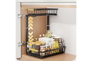 Under Sink Shelf, 2-Tier Adjustable Cabinet Organizer Rack with Suction Cups, Sturdy Carbon Steel Storage for Kitchen Sink & 