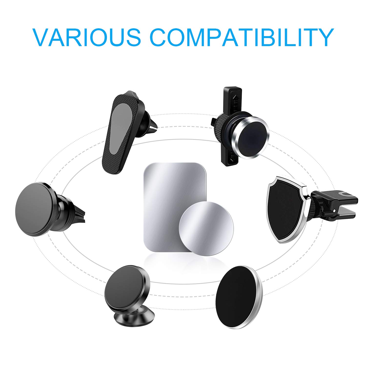 AMIGIK 10 Piezas Láminas Metálicas con Adhesivos Muy Finas para Soporte Movil Coche Magnético, Reemplazo de Placas de Metal Soporte iman movil Coche (6 Redondas y 4 rectangulares)