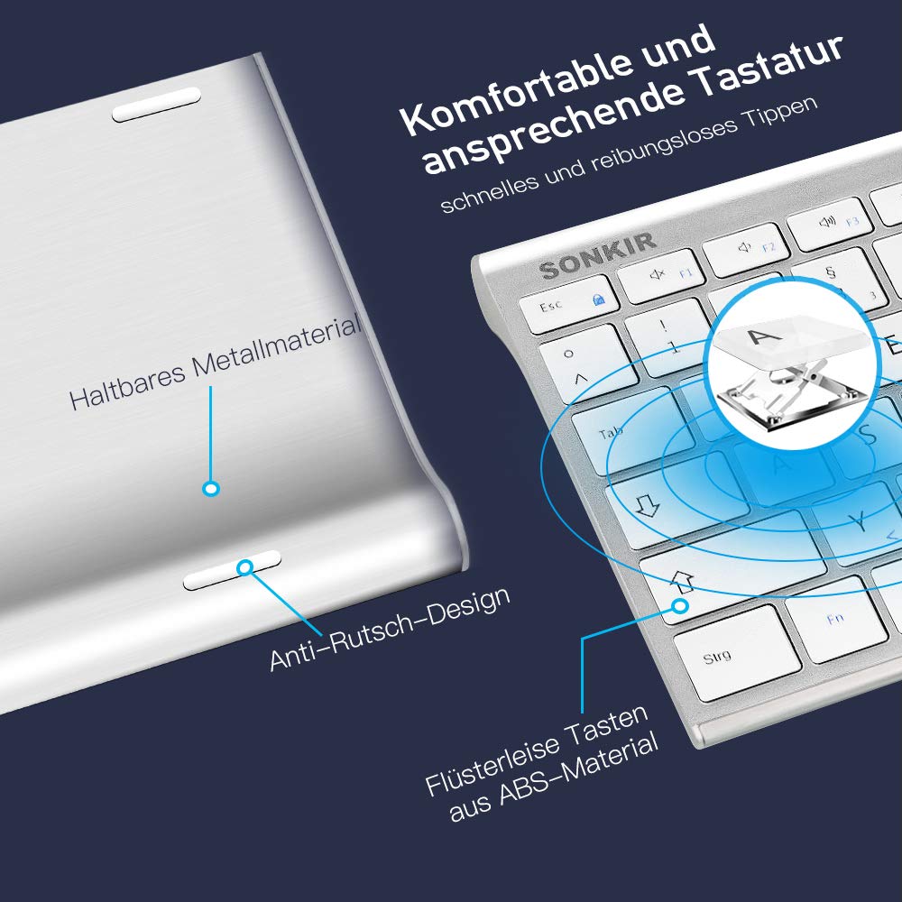 Sonkir Tastatur und Maus, K-18 2,4GHz ultradünne wiederaufladbare Aluminium-Tastatur in voller Größe für Windows, Laptop, PC, Notebook (Silber)