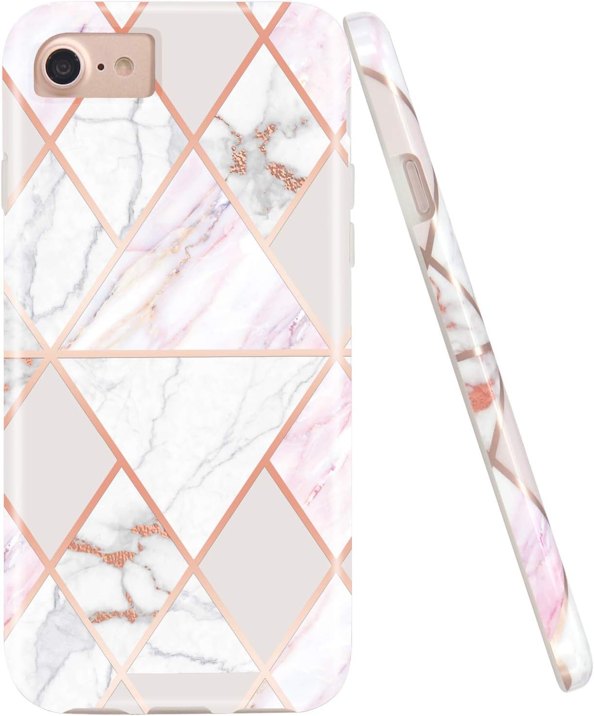 JAHOLAN Shiny Rose Gold Geometric Pink Marble Design Clear Bumper Glossy TPU Soft Rubber Silicone Cover Phone Case Compatible with iPhone 7 iPhone 8 iPhone 6 6S iPhone SE 2020