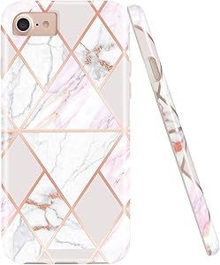 JAHOLAN Shiny Rose Gold Geometric Pink Marble Design Clear Bumper Glossy TPU Soft Rubber Silicone Cover Phone Case Compatible with iPhone 7 iPhone 8 iPhone 6 6S iPhone SE 2020