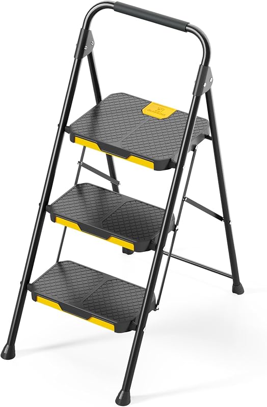 Escada dobrável de 3 degraus com fechadura de segurança, carga doméstica de tesoura até 360kg com pedal antiderrapante largo, corrimão, banco de aço para cozinha doméstica, preto