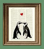 Penguin Art Print Romantic PENGUIN COUPLE in love with heart altered art dictionary page illustration book print