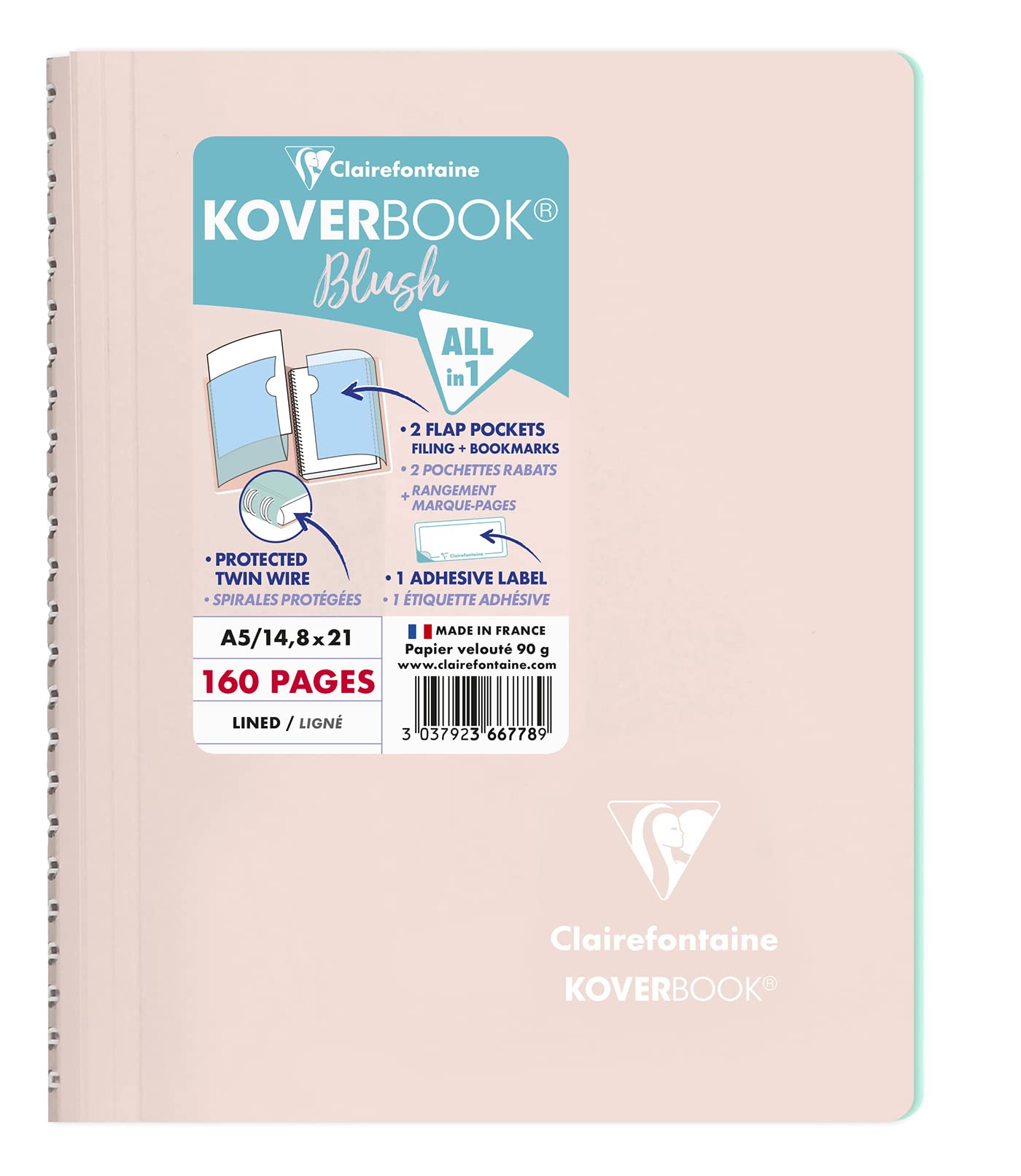 Clairefontaine 366778C - One Spiral Notebook Koverbook Blush Powder Pink - A5 14,8x21 cm - 160 Lined Pages - White Paper 90 g - Enveloping Polypro Cover
