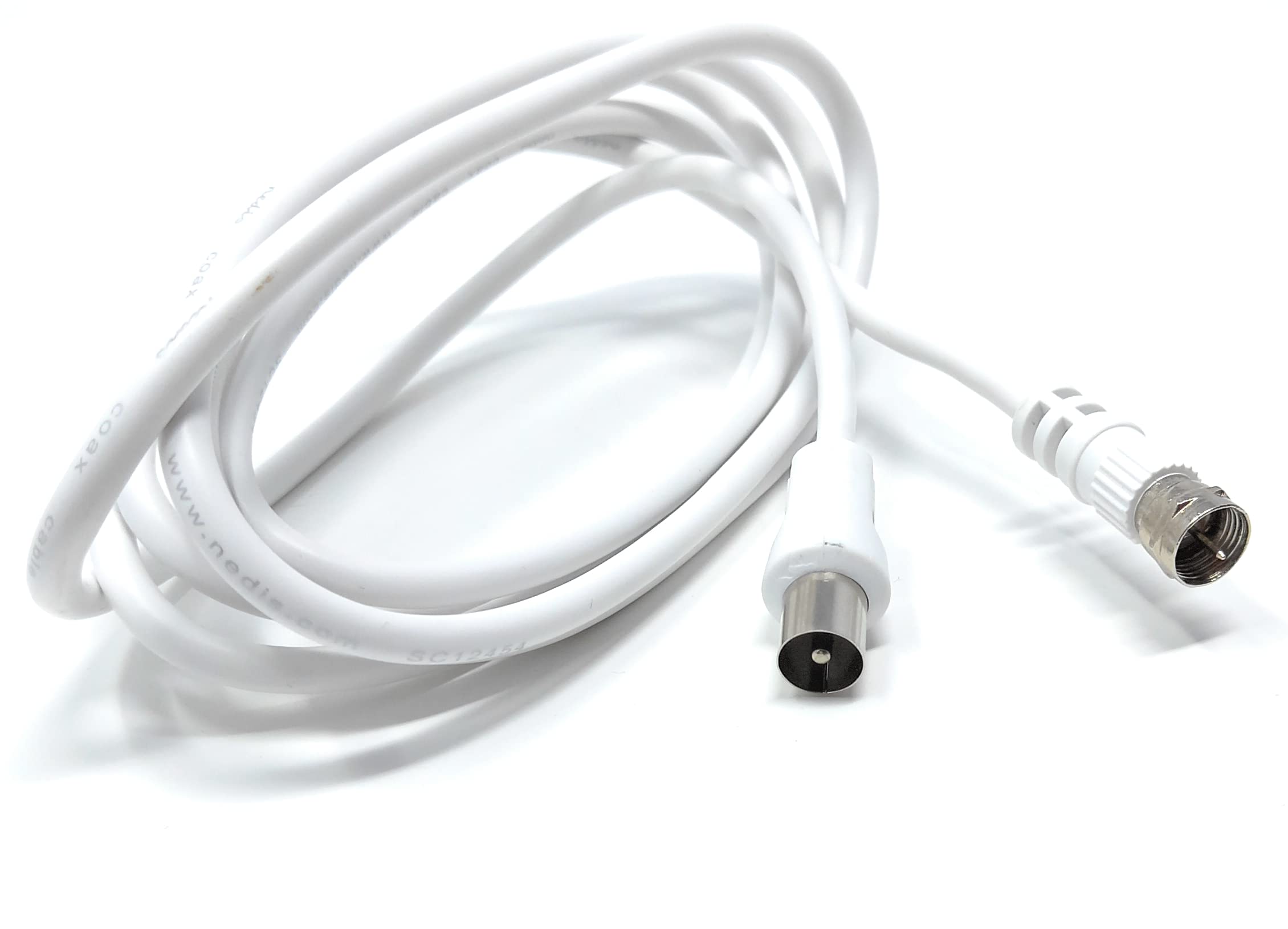 DRUT 2m RF TV Aerial Male to F Type Connector Male Plug Coaxial Coax Cable, Lead, 75 Ohm, 3C-2V (6.5ft, White Nickel Connectors)