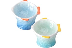 Tioncy 2 Pcs Raised Tilted Ceramic Cat Food Bowl Fish Shape Cute Elevated Slanted Shallow Angled Cat Dish Non Slip Feeder Bowl for Anti-Vomiting and Whisker Fatigue(Blue, Green)