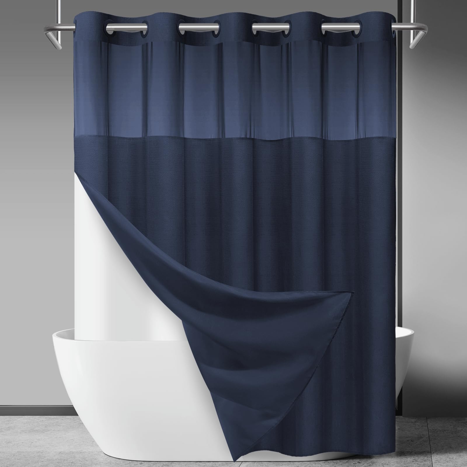 SORTTO No Hook Slub Textured Shower Curtain with Snap in Liner - Navy Fabric Outer Curtain & Waterproof Inner Liner, Hotel Style with See Through Top Window, 71x86 in