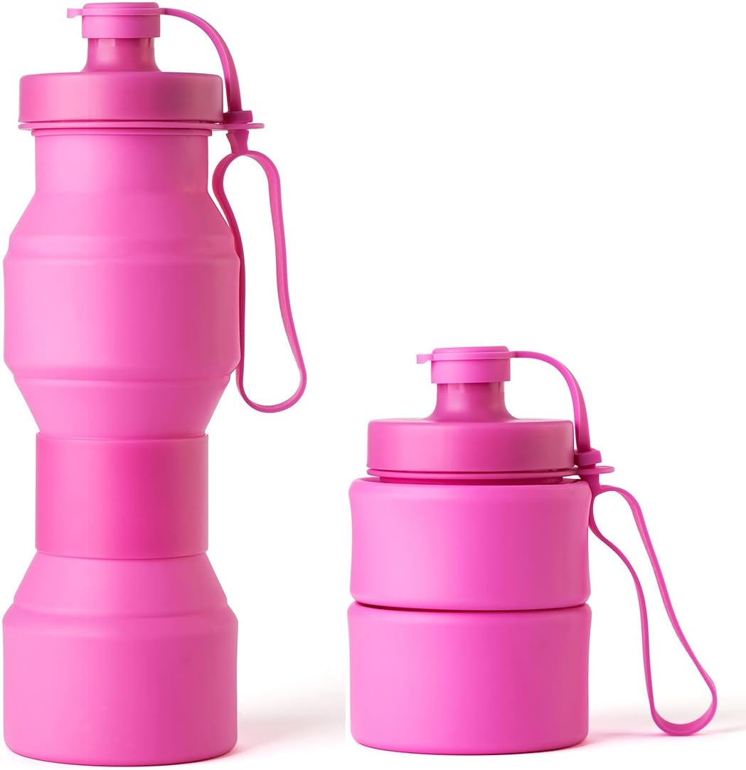 Asrisuk Sports Collapsible Water Bottle 27 oz, Folding BPA Free Silicone Water Bottle 800ml FDA SGS Test Pass for Traveling, Camping, Hiking, Walking, Running (Pink)