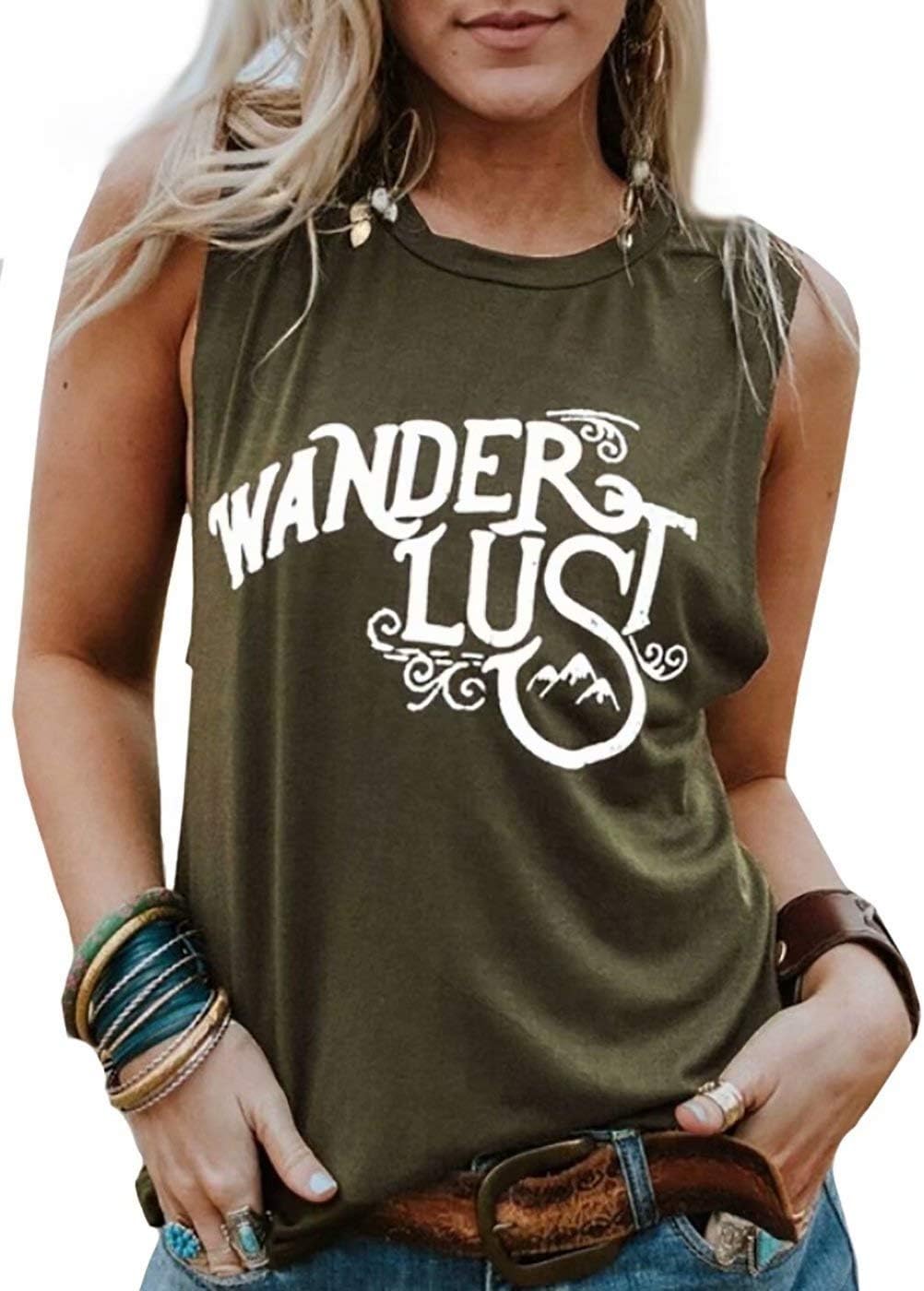 MAXIMGR Tank Top Women Wanderlust Letter Print Tank Tees Casual Sleeveless T Shirts Vest Tanks