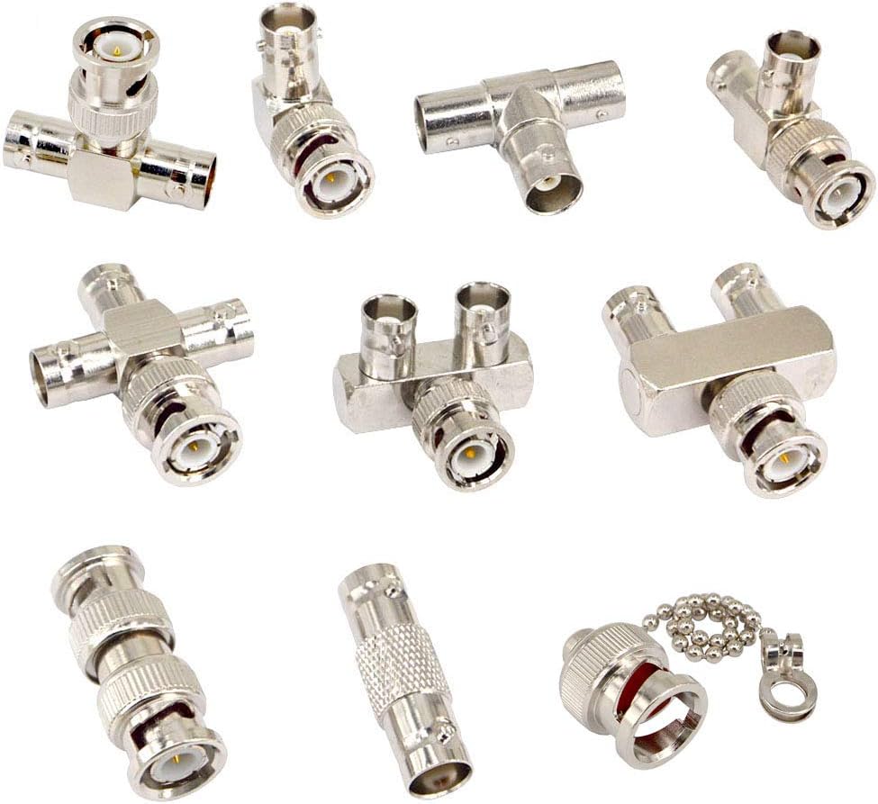 10 Type Set BNC Adapter Kits Cover BNC to BNC Connector Straight 90 Degree Nickel-Plated Test Converter for Ham Radio Broadcast CCTV Video Camera System Computer Instrumentation