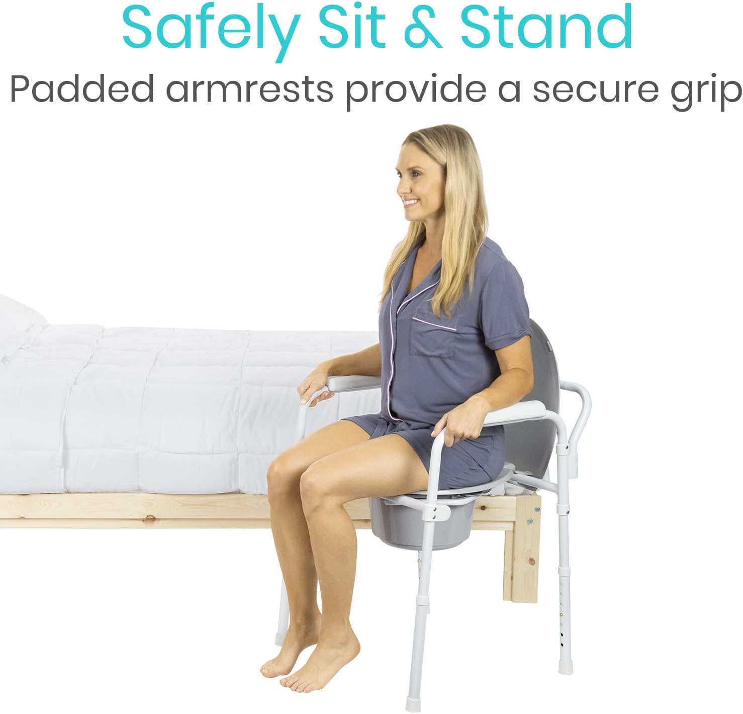 Vive Bedside Commode - Narrow Folding Toilet Seat for Adults, Handicap, Elderly - Fits Most Liner - Adjustable Height, Portable, Lightweight, Wide 3 in 1 Medical Toilet Chair Stool with Lid: Health & Personal Care