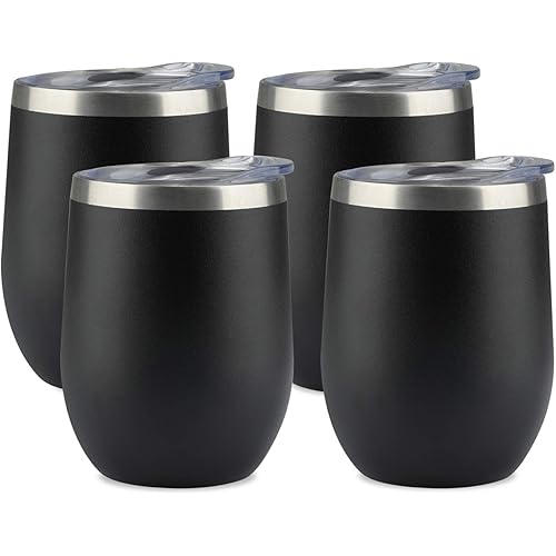 Jearey Stemless Wine Glass Tumbler 12 oz Stainless Steel Double Wall Vacuum Insulated Wine Cup with Lid Travel Friendly (4 Pack, Black)