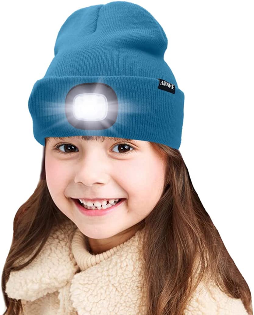 ATNKE Kids LED Lighted Beanie Cap, USB Rechargeable 4 LED Headlamp Waterproof Winter Warmer Knit Night Hats with Light for Boys Girls/Peacock Blue