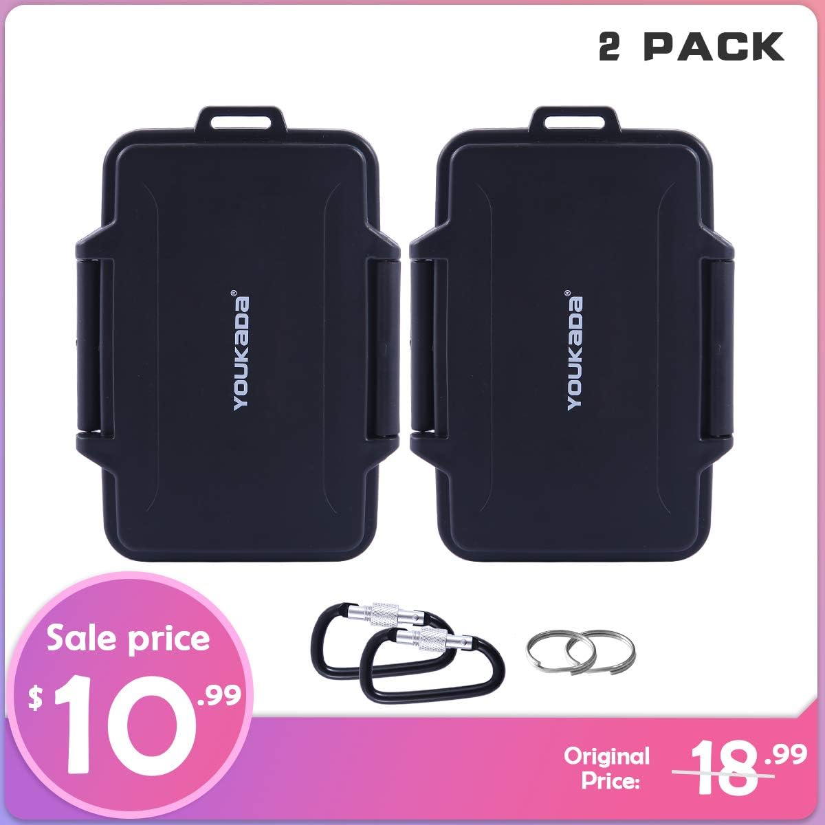 YOUKADA Water-Resistant Memory Card Case Holder Storage with Carabiner for 8 SD Cards & 8 Micro SD Cards (2 Pack)