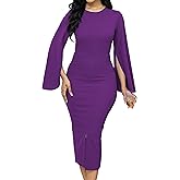 Women Church Dresses Bodycon Work Dress Bell Long Sleeve Round Neck Business Pencil Dresses