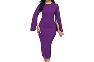 CUTECHERRY Women Church Dresses Bodycon Work Dress Bell Long Sleeve Round Neck Business Pencil Dresses