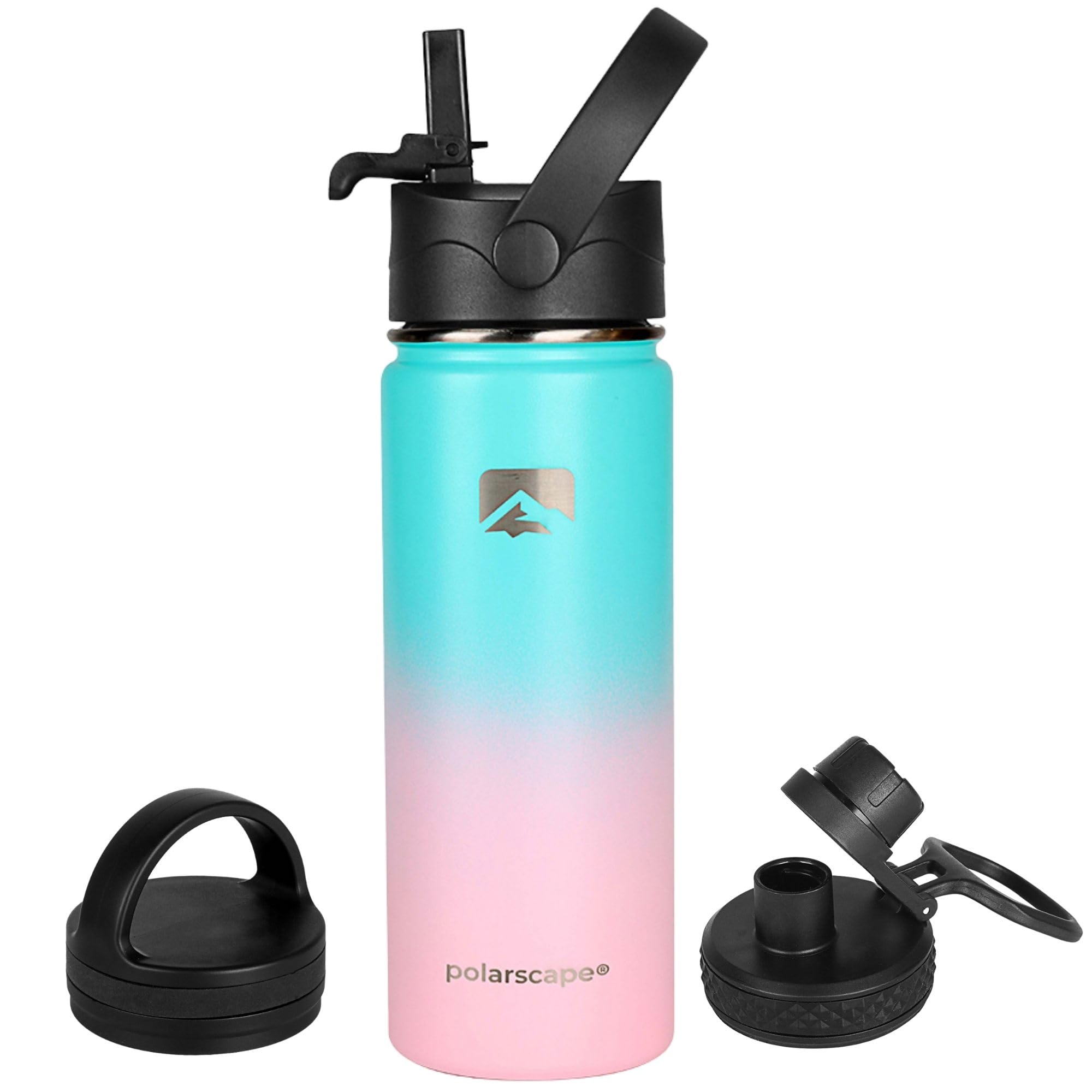 Polarscape Stainless Steel 500ml Insulated Water Bottle with Straw - Metal Water Bottle, Includes 3 Lids, 2 Straws, Straw Brush - Wide Mouth, Double-Walled, BPA Free, Leak Proof - 500ml Bubble Bliss
