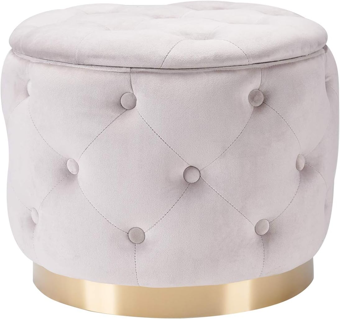 DEERUN Modern Velvet Tufted Button Upholstered Round Storage Ottoman Foot Rest Stool, Vanity Stool, Light Grey