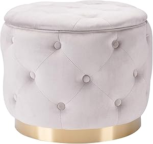 DEERUN Modern Velvet Tufted Button Upholstered Round Storage Ottoman Foot Rest Stool, Vanity Stool, Light Grey