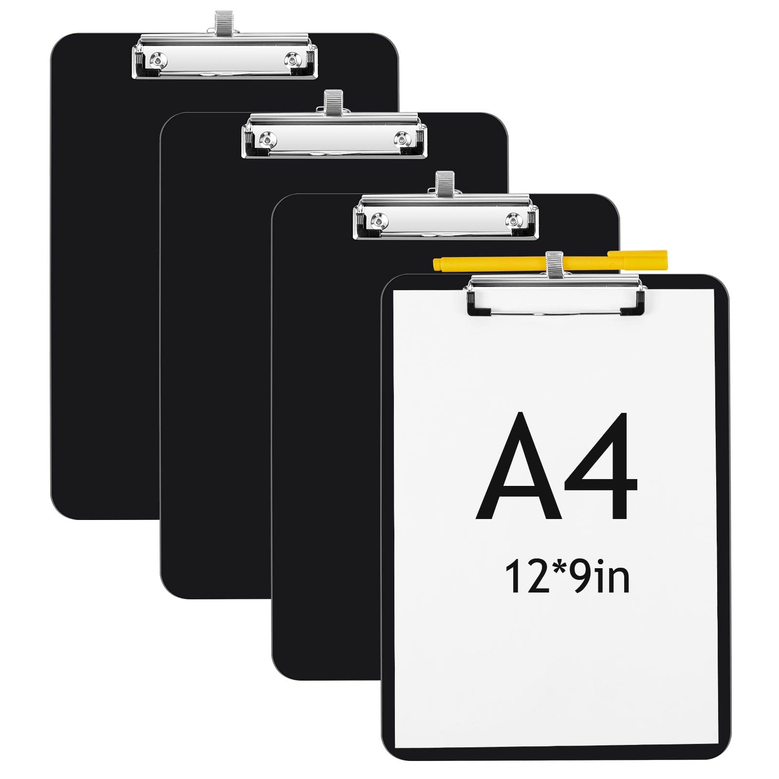 Photo 1 of 4 Pcs Metal Clipboards with Pen Holder 12 x 9 Inch Black Clip Board with Profile Clip Standard A4 Letter Size Plastic Clipboard Hanging Pen Holder Storage Clipboard for School Students Office Work