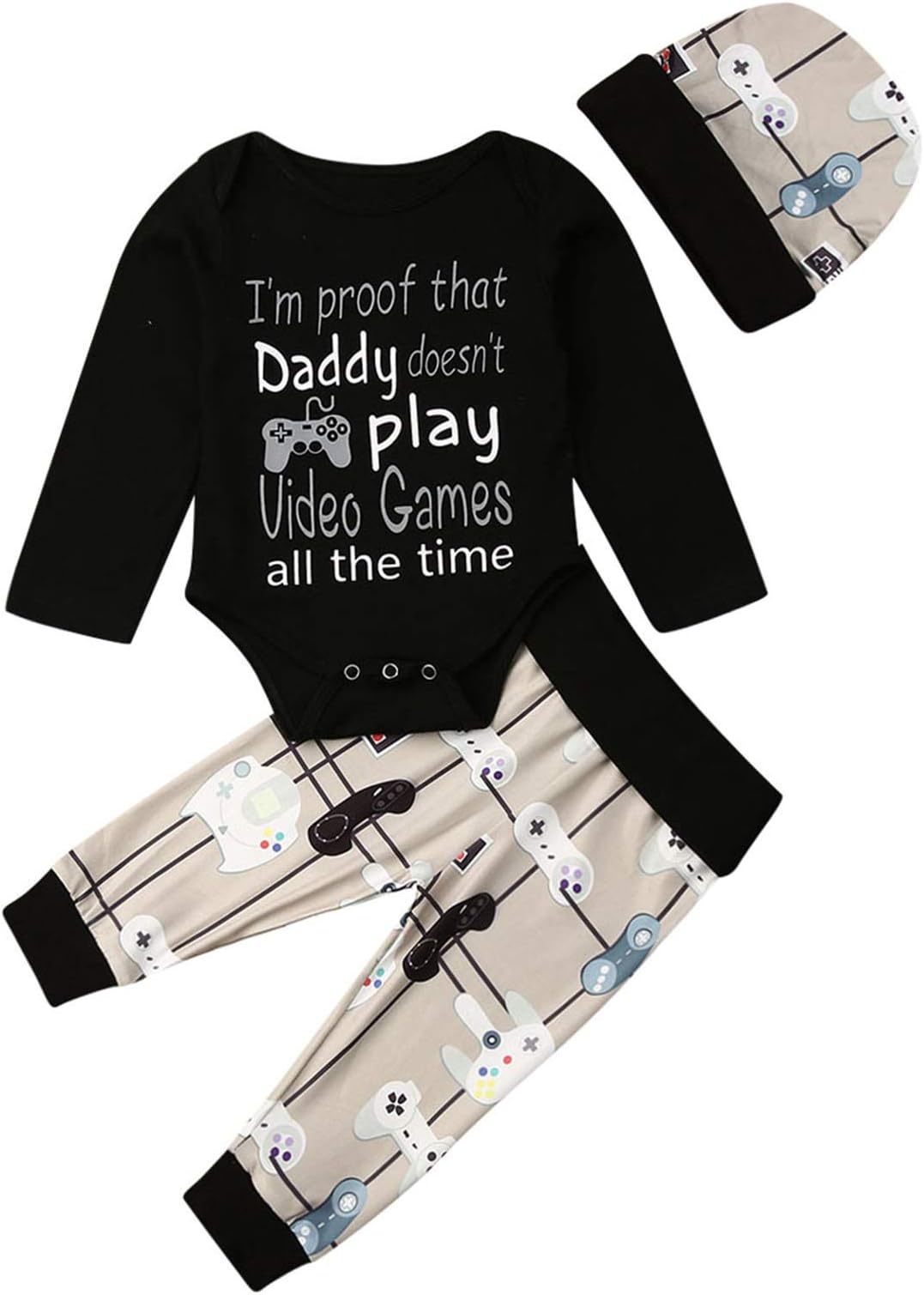 OAKFashion Baby Boys Girls Long Sleeve Cute Letter Printed Romper Bodysuit+ Long Pants+Hat 3Pcs Winter Outfits