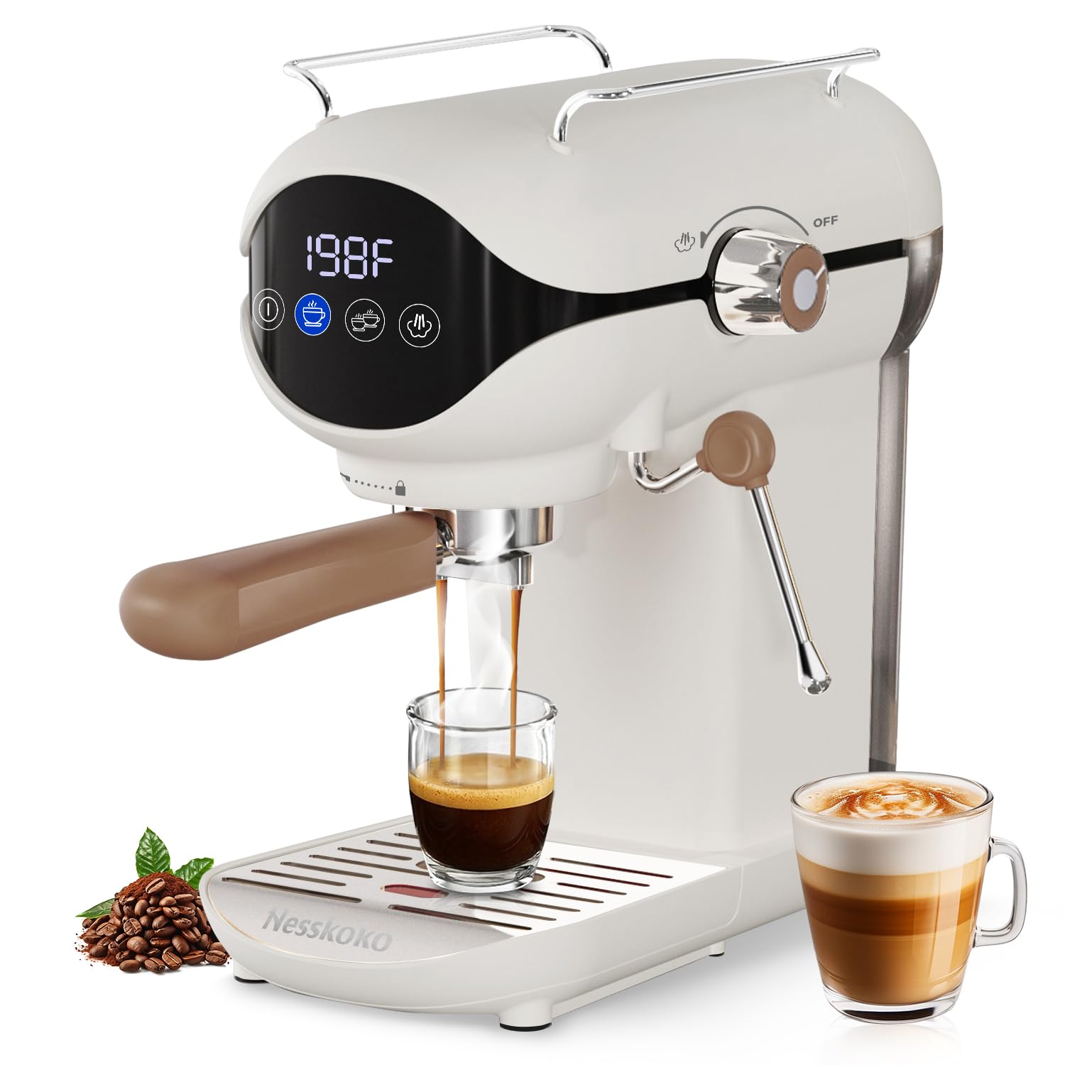 Photo 1 of Nesskoko Espresso Machine with Steam Milk Frother Semi Automatic 20 Bar Compact White with Touch Screen for home Cafetera Espresso, Latte, Cappuccino, Americano, Macchiato