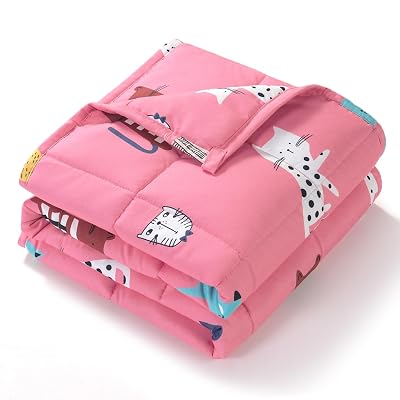 Kivik Cooling Weighted Blanket 7 Pounds, Breathable Weighted Blankets, Ultra Soft Heavy Throw for Relaxing & Sleeping, Machine Washable, 41 x 60 Inches, Cute Cat Printing, Pink