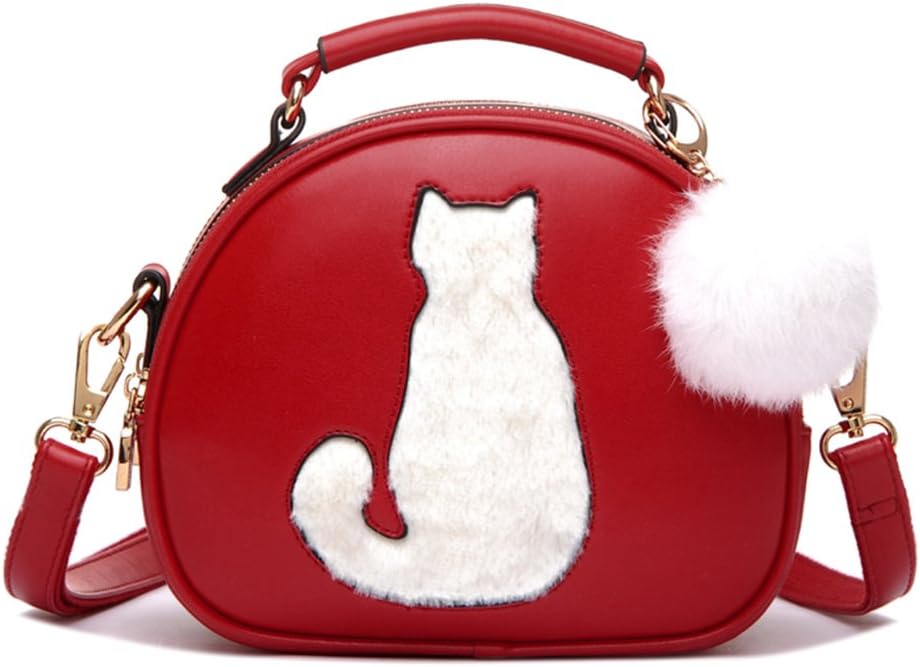 Candy Color Leather Round Box Shaped Crossbody Shoulder Handbags with Cute Cat Pattern red