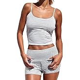 DSORVICD Women Y2K Striped Pajama Set Sleeveless Slim Crop Cami Tank Fold Over Shorts Teen Girls Cute PJ Sets