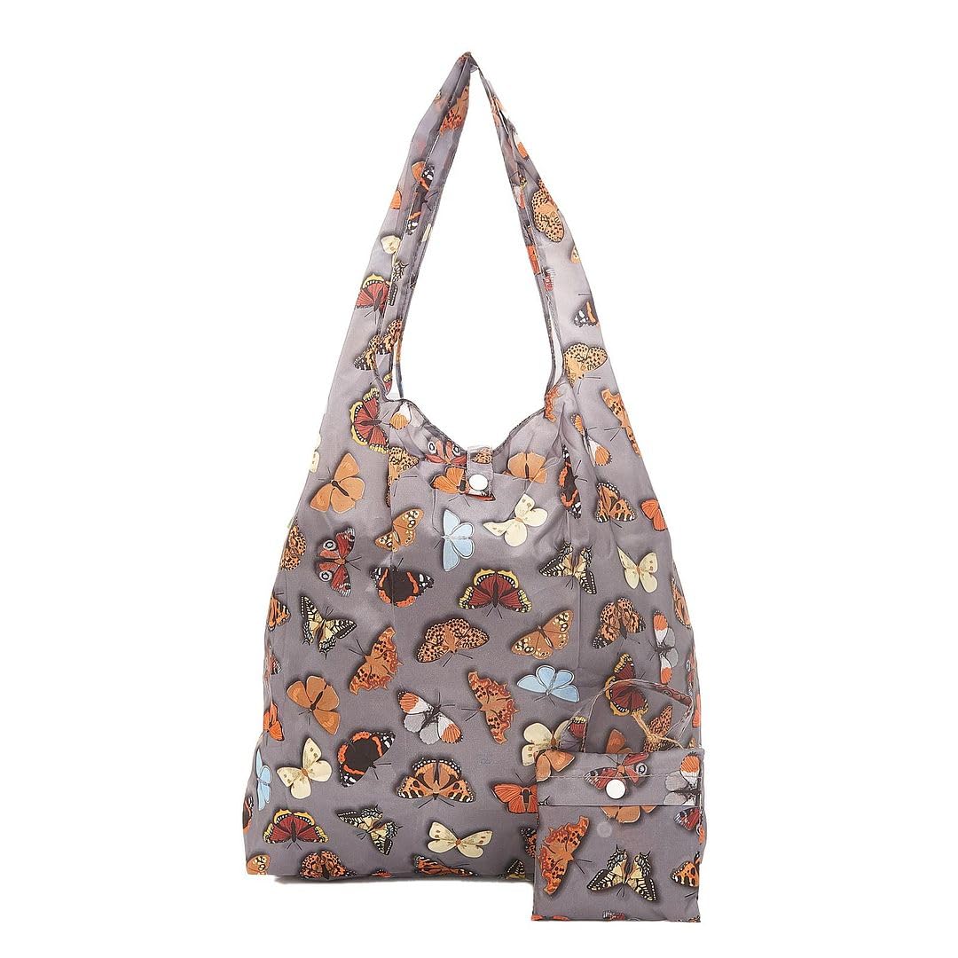 ECO CHIC Lightweight Foldable Reusable Shopping Bag Water Resistant Tote Bag (Wild Butterflies Grey)