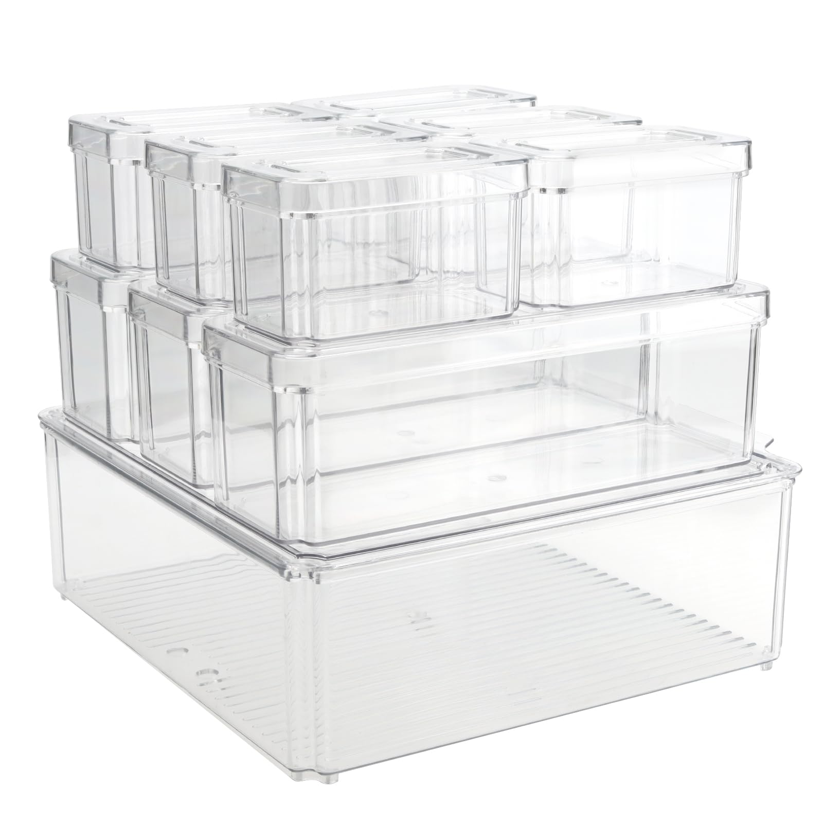 HAKZEON 10 Pack Clear Fridge Storage Containers with Lids, Stackable Fridge Storage Boxes with Drain Holes, Plastic Freezer Organisers Refrigerator Storage Bins Set for Kitchen, Pantry, Cabinet