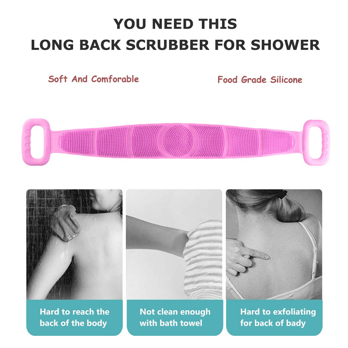 Greeza Silicone Bath Body Brush Scrubber - 28.7 inch Soft Body Back Scrubber for Shower, Double Side Spa Massage & Clean Body Exfoliating Brush Belt, Long Back Brush for Shower Massage (Green+Purple) : Beauty