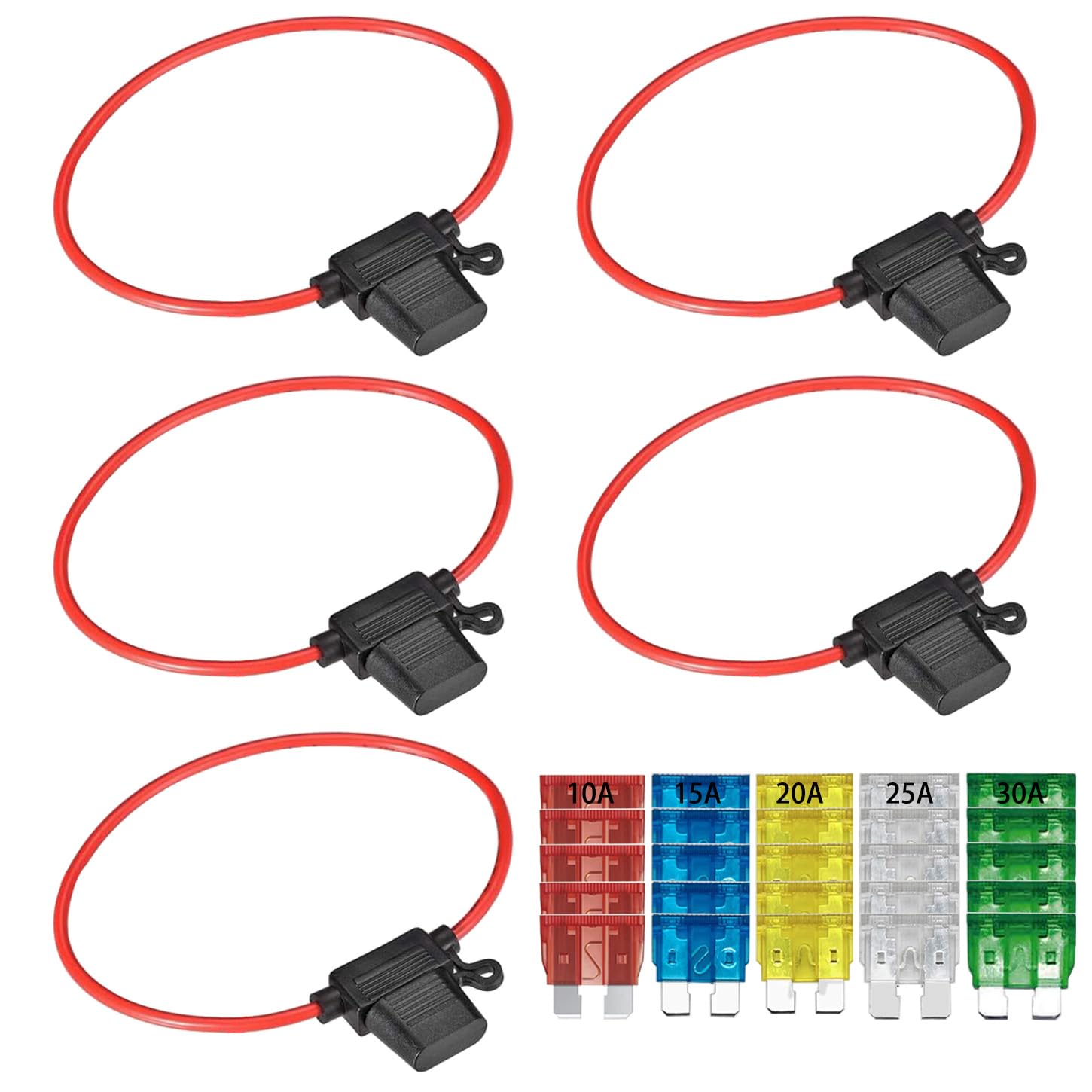 GTIWUNG 5PCS Car Inline Standard Blade Fuse Holder Waterproof 12AWG, Medium Size DC Fuse Holder Box with 25PCS Standard Car Fuses, 10A 15A 20A 25A 30A Automotive Replacement Fuses