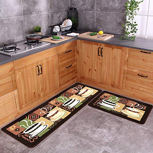 Carvapet 2 Piece Non-Slip Kitchen Mat Rubber Backing Doormat Runner Rug Set, Coffee (19"x59"+19"x31")