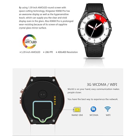 Amazon.com: Zwbfu KINGWEAR KW88 Pro 3G Smartwatch Phone 1.39 ...